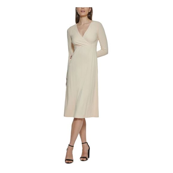 NWT KENSIE DRESSES Womens Beige Knit Long Sleeve Below The Knee A-Line Dress M - Picture 1 of 5